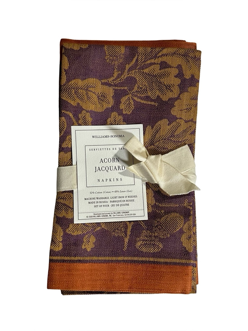 Williams Sonoma Acorn Jacquard Cotton Linen Napkins Set of 4 Purple Gold NOS